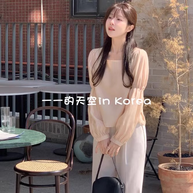 CRKO韩国官网代购2025春季新款温柔白月光显瘦方领泡泡袖天丝衬衫