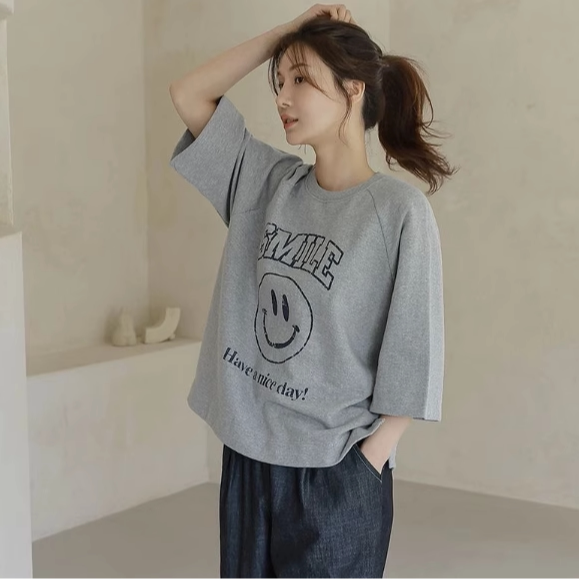 笑脸图案卫衣 韩国代购正品2025春夏女装新款休闲宽松七分袖上衣