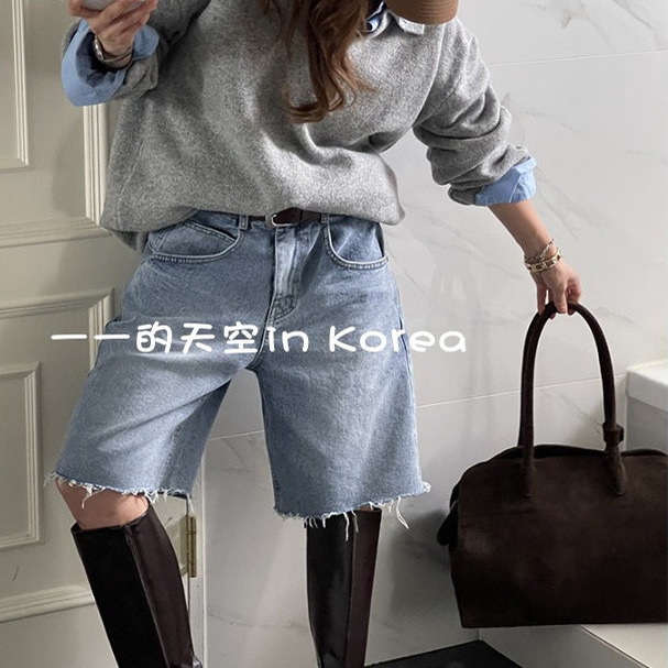 韩国代购牛仔裤2025秋季新款酷飒帅气百搭女士宽松毛边直筒五分裤
