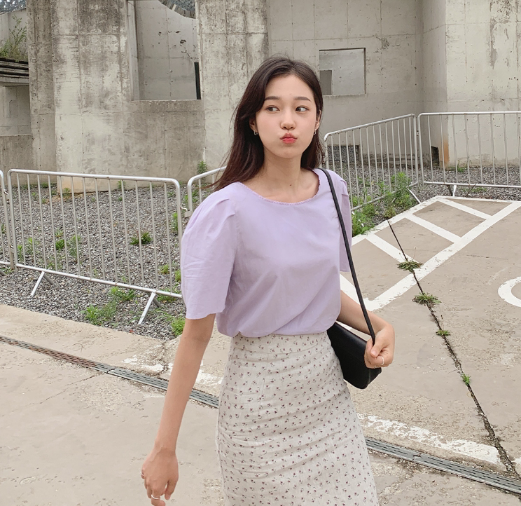 清仓现 韩国订购正品夏季女装温柔初恋风浅紫色泡泡短袖衬衫上衣