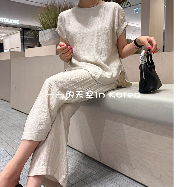 慵懒风两件套韩国代购2025夏季新款后背纽扣设计感短袖衬衫加长裤