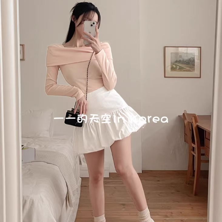 温柔纯欲上衣韩国代购正品2025春装新款舒适翻边露肩修身长袖t恤