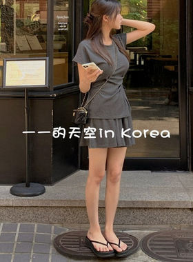 时尚休闲套装2025夏季新款独特系带设计短袖t恤加短裙裤两件套女
