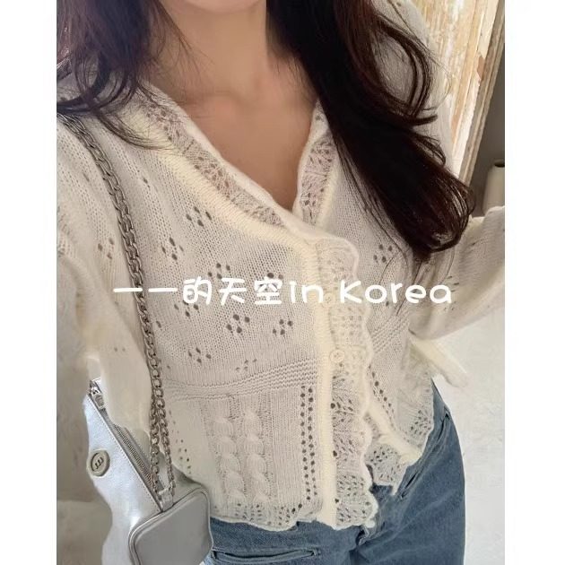 轻盈柔软羊毛衫韩国代购正品2025春季新款浪漫淑女风镂空针织开衫