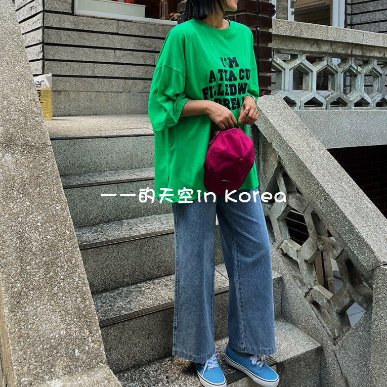 街头风字母tee 韩国代购2025秋装新品中长款女士宽松大版短袖t恤