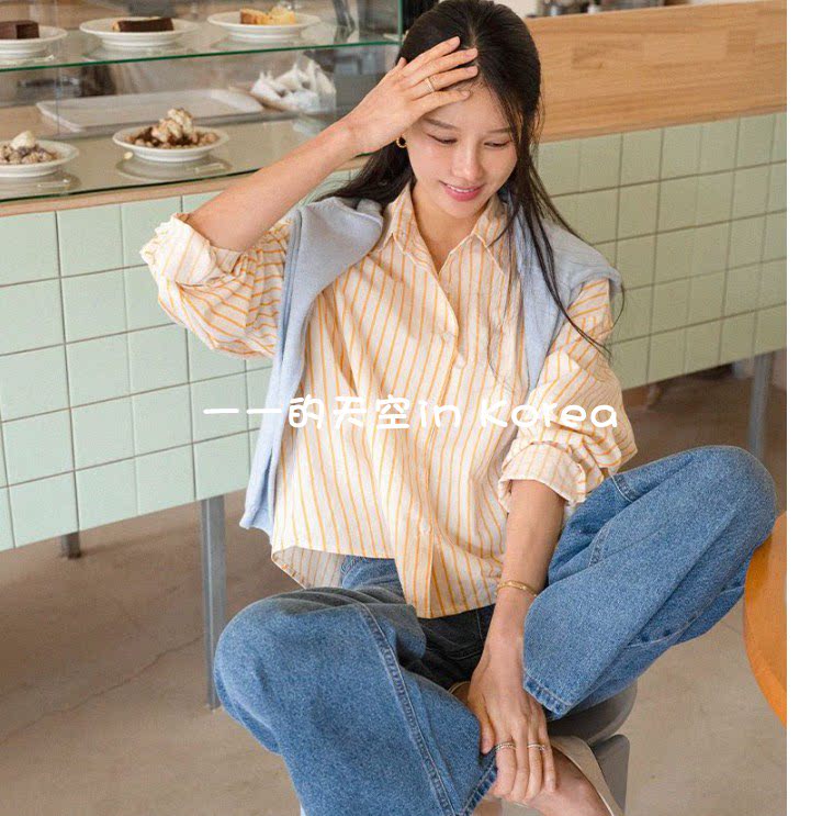 韩国代购衬衣 2026春季女装新款减龄百搭纯棉竖条纹宽松长袖衬衫