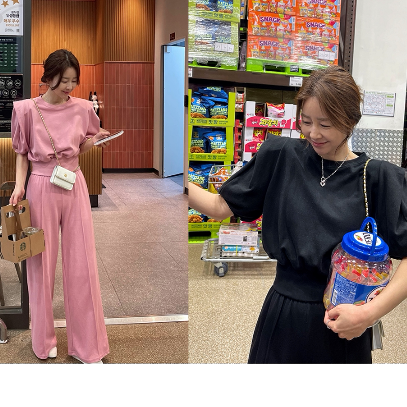韩国代购套装正品2024春新款温柔淑女独特褶皱短袖上衣配阔腿长裤