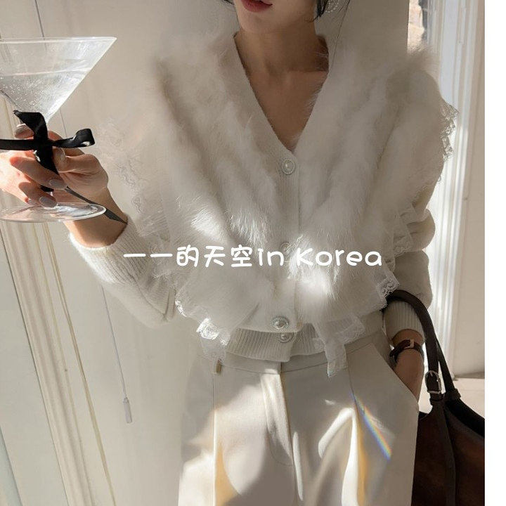毛毛装饰上衣韩国代购2025冬季女装新款优雅名媛风荷叶边针织开衫