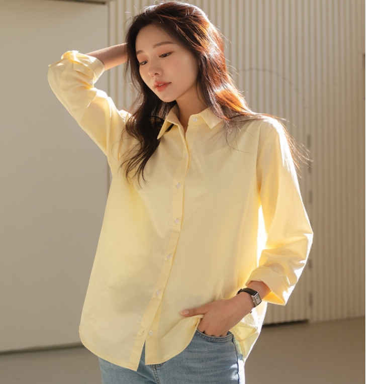 现清仓韩国订购春秋女装淡黄色纯棉百搭单排扣纯色宽松长袖衬衫