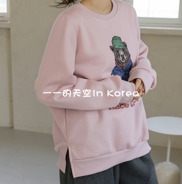 可爱小熊印花上衣韩国代购正品2024冬季女装时尚减龄宽松加绒卫衣