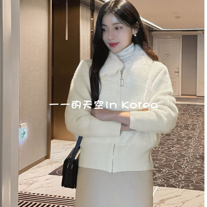 毛毛翻领上衣韩国代购正品2025冬季女装优雅温柔拉链长袖针织开衫