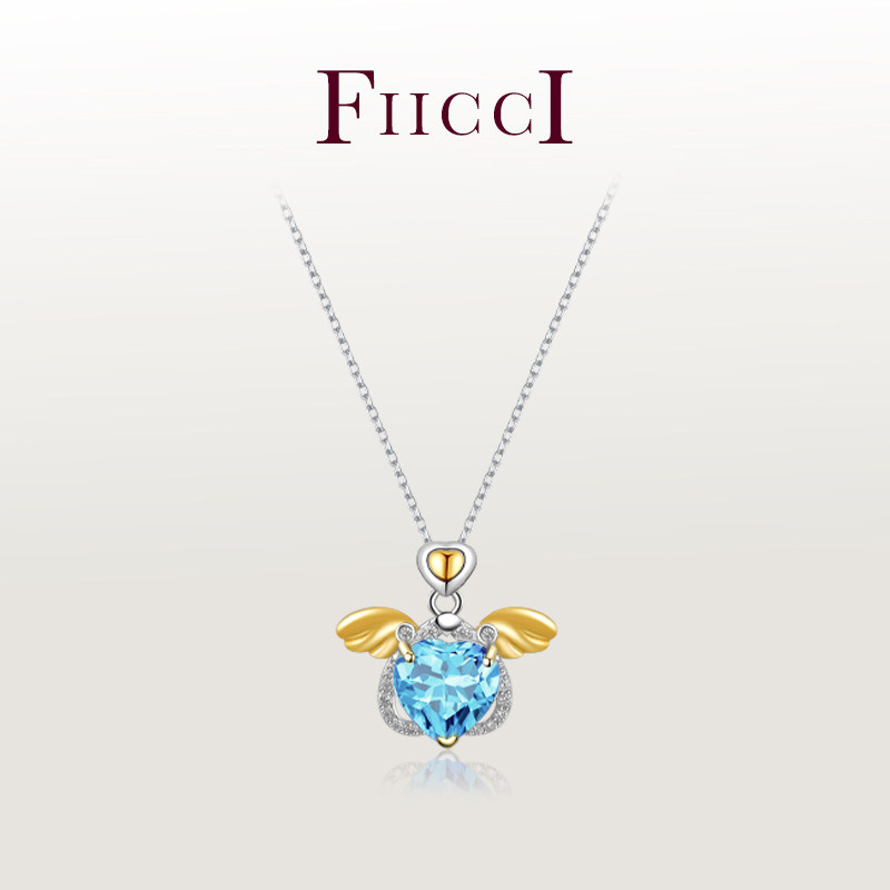 FIICCI 天然天空蓝色托帕石925纯银锁骨链爱心形小天使项链送礼物