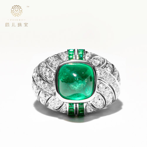 FIICCI菲伊奇 哥伦比亚祖母绿糖包山糖塔切割复古18k白金钻戒指