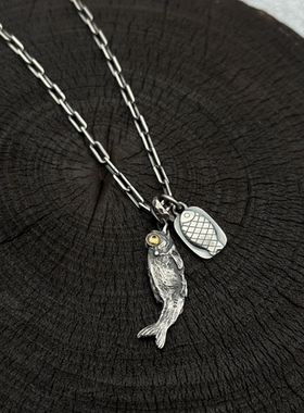 思涵银工坊925纯银手工文玩趣味吊坠咸鱼翻身小众男女款百搭项链