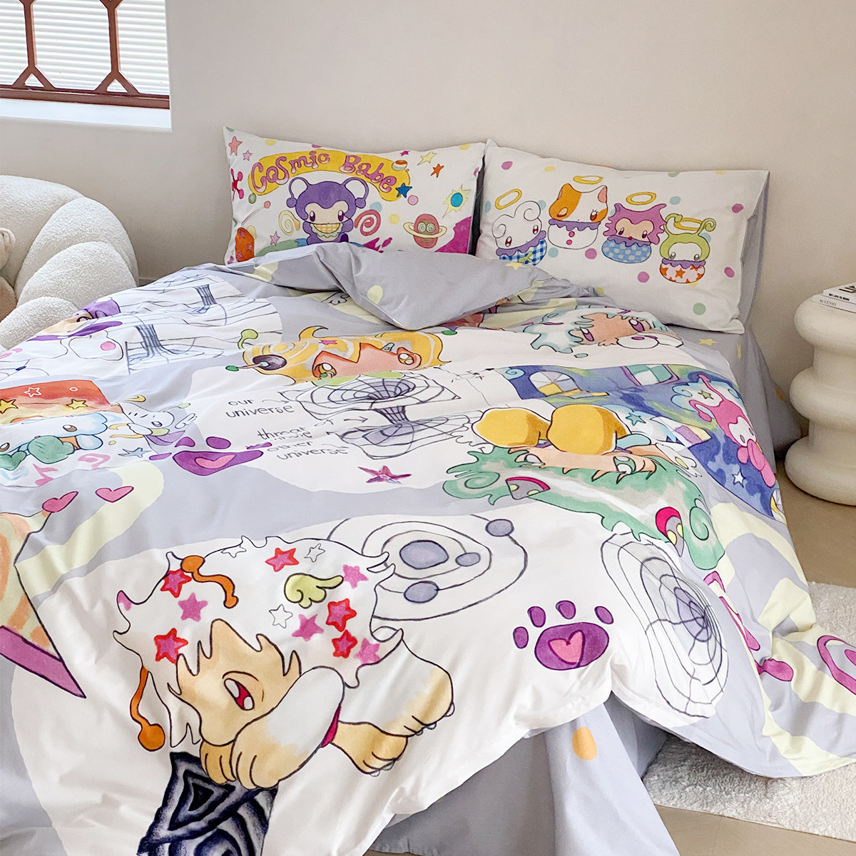 富山商店x奥莉蛙 灰色系原创ins宇宙宝贝100%棉床上四件套