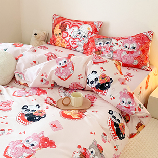 富山商店x絮小饼甜心复古小动物Lolita可爱婚庆全棉50支四件套