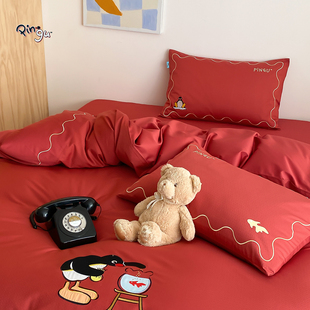 四件套 Pingu企鹅家族鸿运当头年年有余红色新年婚庆款 富山商店