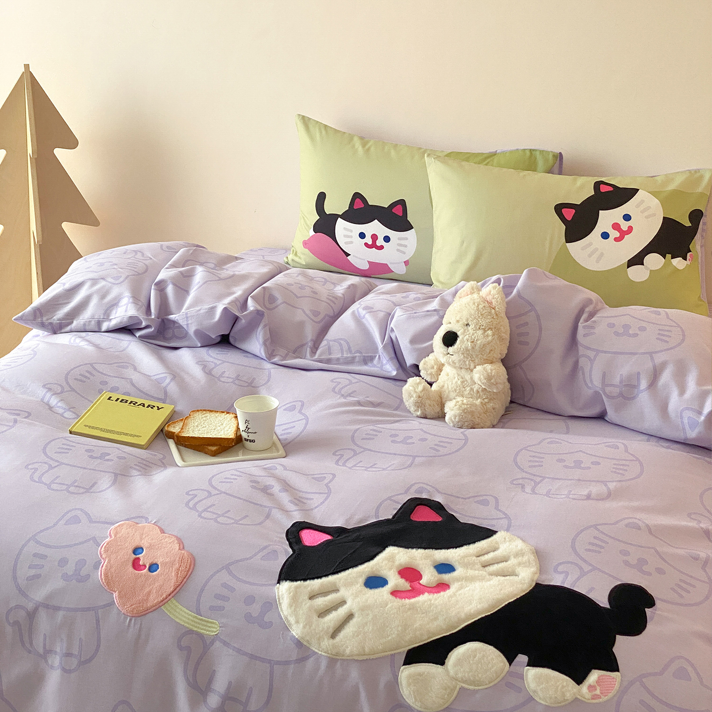 RiCO小猫紫色刺绣全棉磨毛四件套