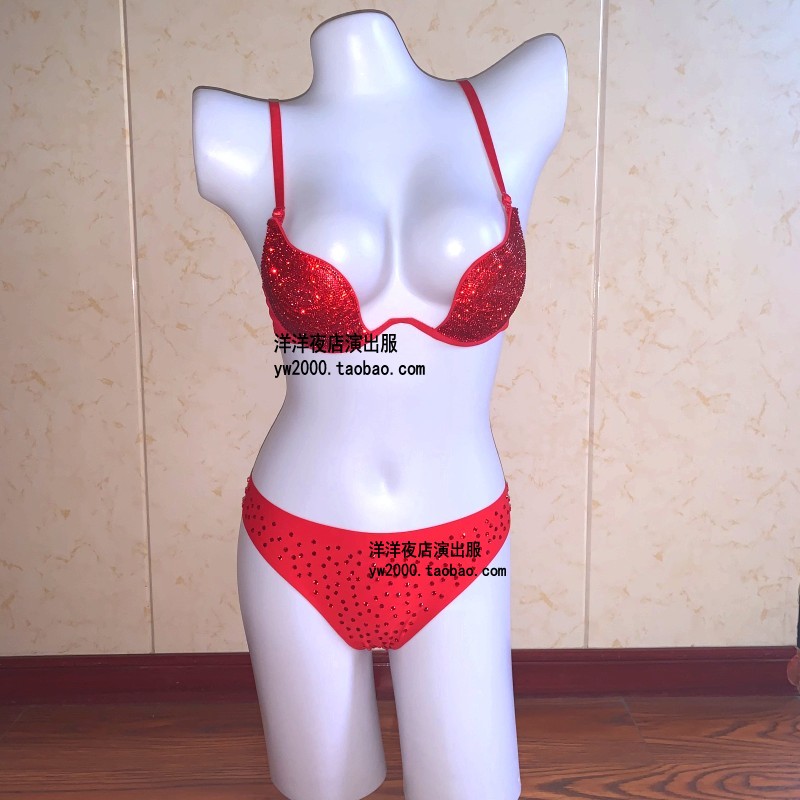 钢管舞烫钻比基尼文胸幻彩演出服