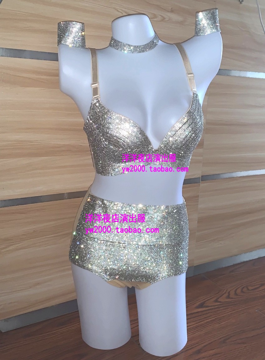 钢管舞走秀烫钻文胸高腰裤演出服