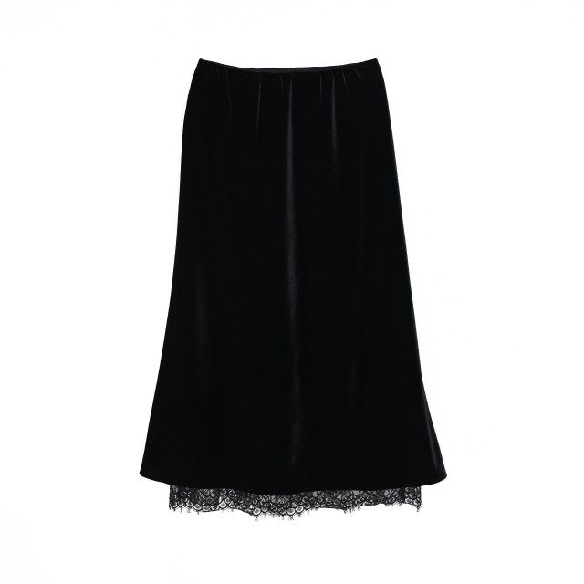 安所2026春款新款女士丝绒拼接蕾丝下摆开叉中裙半身裙