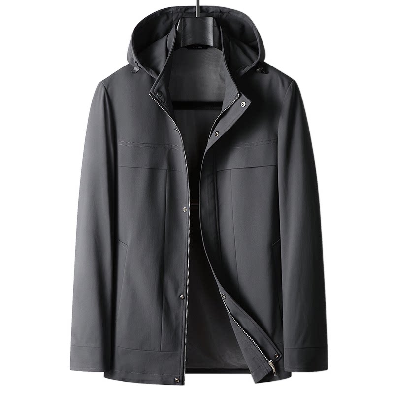 普洛克正品 连帽风衣男中长款外套上衣中青年商务休闲卡其色夹克