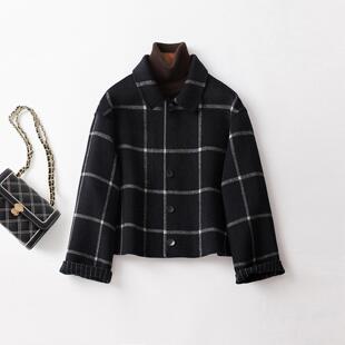 普洛克正品 新款时尚双面山羊绒大衣女短款格子两面穿毛呢子外套