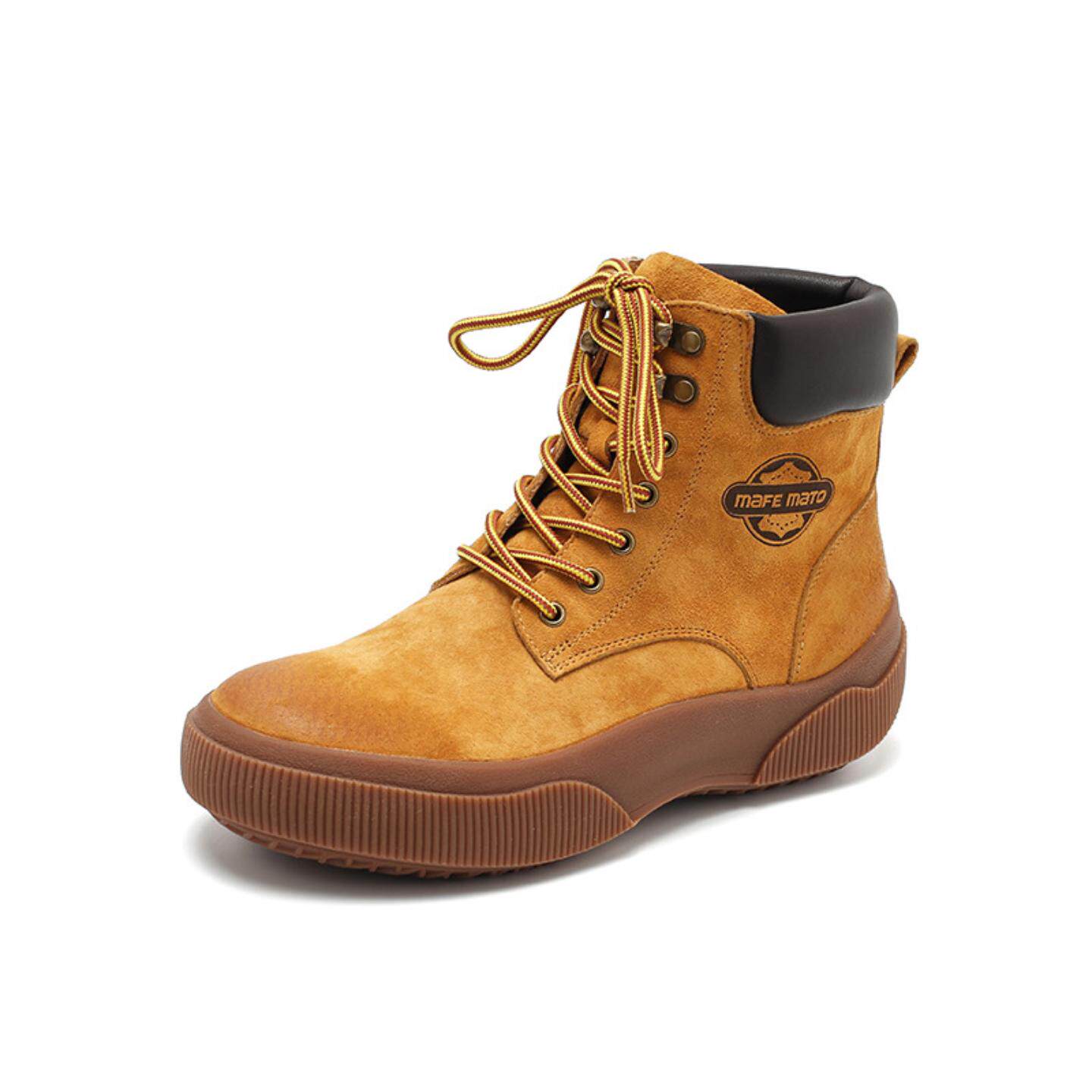 普洛克正品 头层牛皮真皮马丁靴女平底大黄靴户外高帮工装鞋女鞋