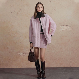 普洛克正品 女羽绒服粉色拼接领菱格工装夹克棉衣中长款秋冬外套