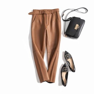 普洛克正品 皮裤女绵羊皮微喇叭裤高腰九分百搭显瘦长裤纯皮外穿