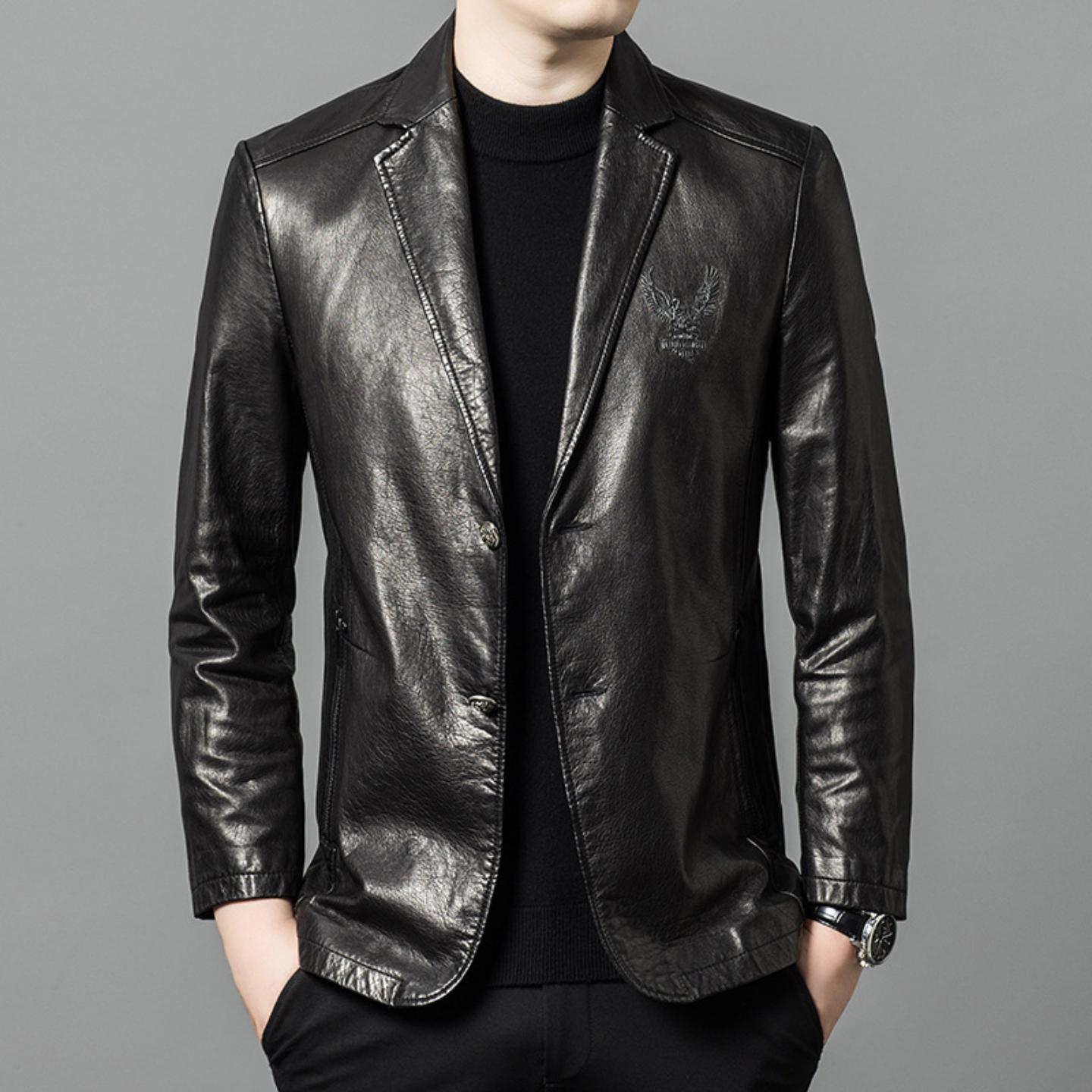 普洛克正品 男外套春秋冬西装领中青年爸爸装油蜡绵羊皮夹克上衣