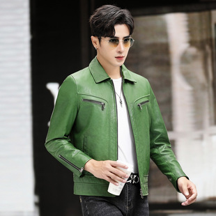 翻领青年机车服时尚 真皮衣绵羊皮短款 皮夹克外套 男装 普洛克正品