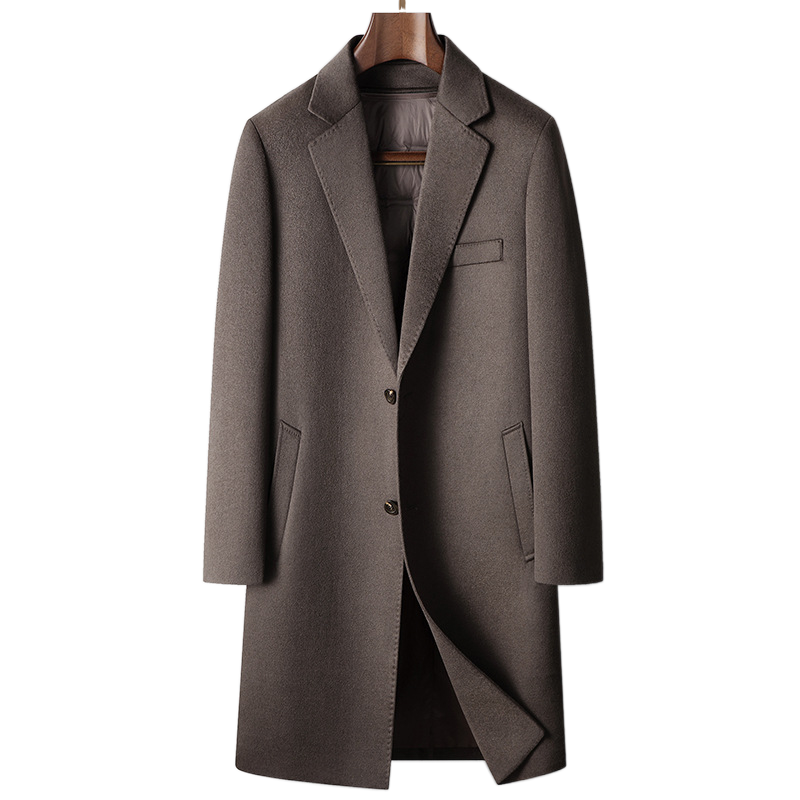 普洛克正品 90白鹅绒胆羊毛山羊绒桑蚕丝大衣男中长款呢子外套