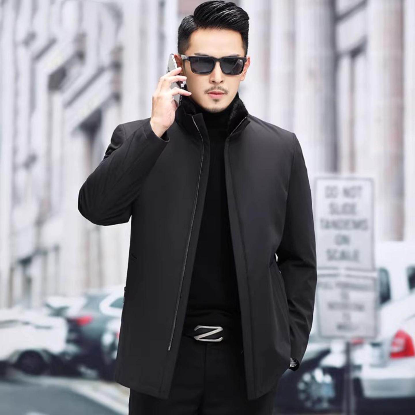 普洛克正品 内胆皮毛一体中长款立领尼克服秋冬皮草貂皮大衣外套