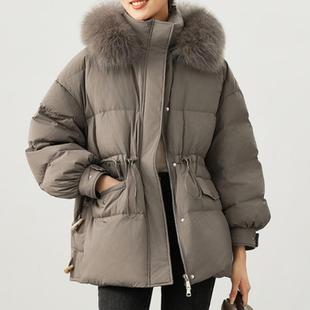 普洛克正品 95白鹅绒抽绳收腰连帽羽绒服高端鹅绒服女装秋冬季