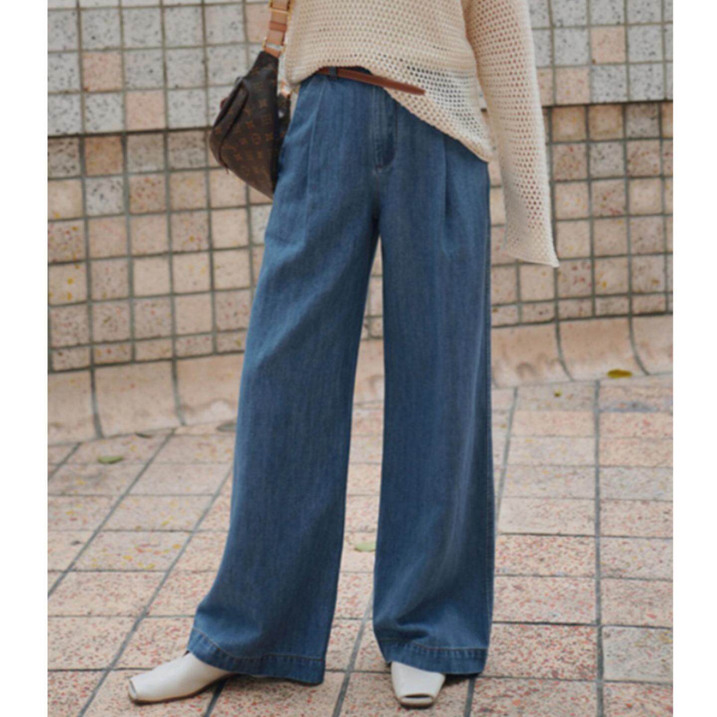 普洛克正品 复古水洗牛仔裤女垂坠感高腰显瘦宽松直筒裤阔腿裤子