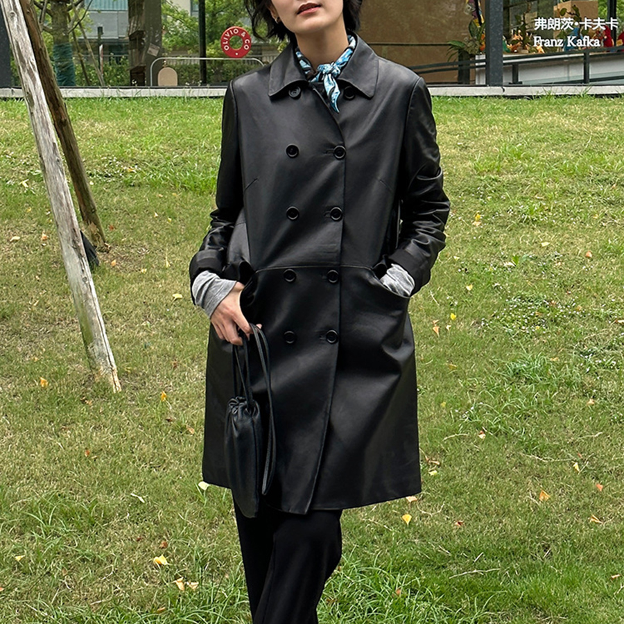 普洛克正品  A级绵羊皮双排扣皮衣外套女秋真皮翻领长款风衣