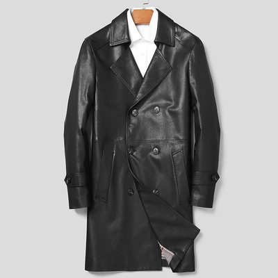 普洛克正品 真皮皮衣男秋冬A级绵羊皮外套中长双排扣皮风衣