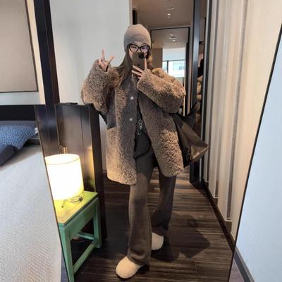 普洛克正品 羊毛颗粒羊剪绒慵懒感中长款皮毛一体外套女宽松皮草