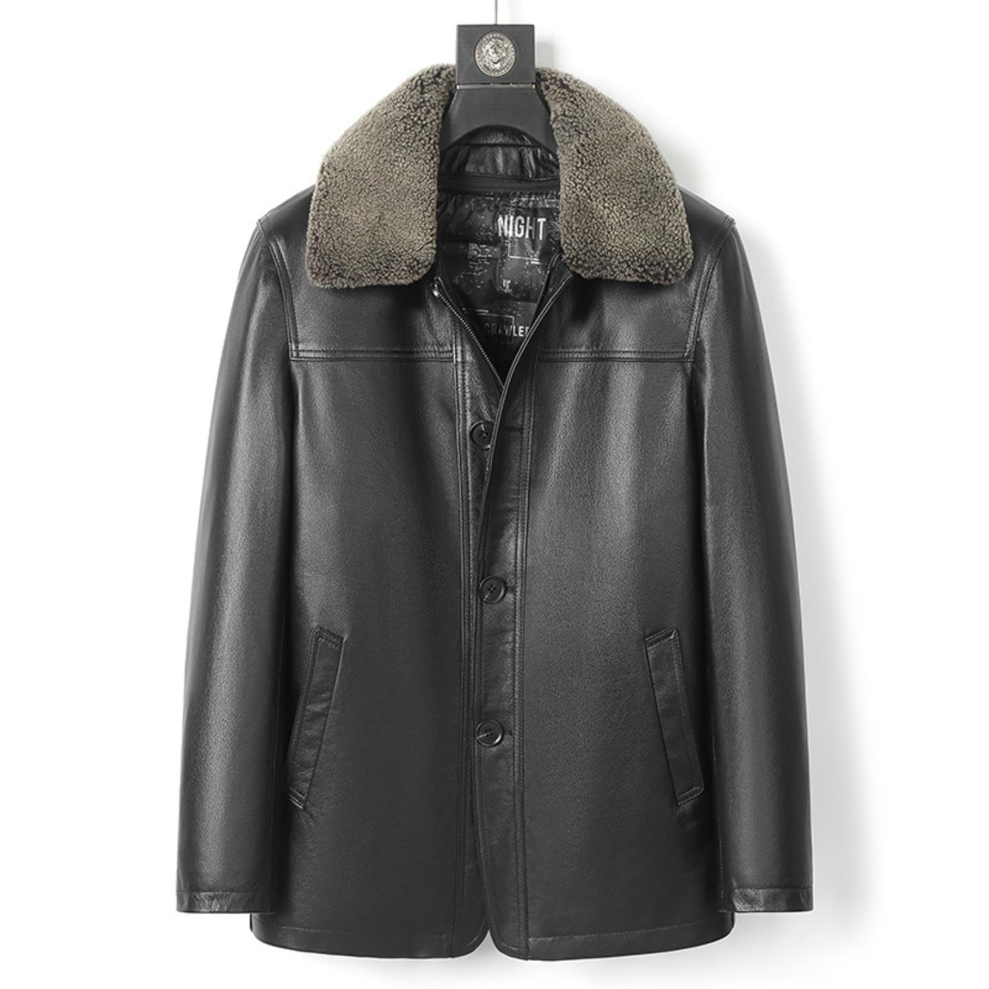 普洛克正品 真皮皮衣男头层牛皮外套可脱卸羽绒内胆羊羔毛领皮衣
