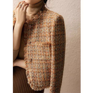 普洛克正品 感小香风外套双排扣直角肩短款箱型粗花毛呢秋季女装