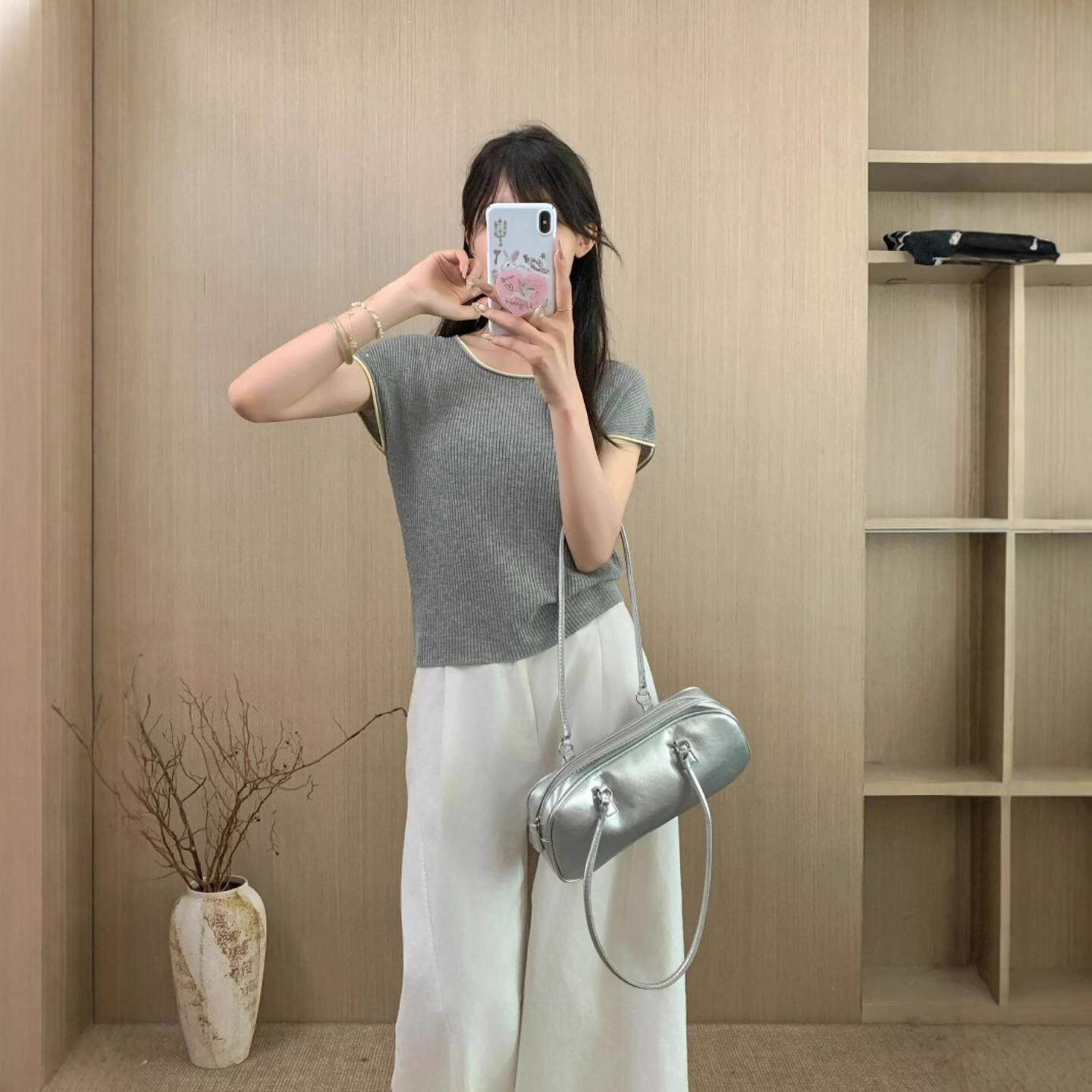 普洛克正品女装 夏过肩短袖圆领T恤韩版修身显瘦撞色卷边薄针织衫