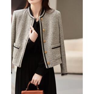 普洛克正品 风外套女款春冬季新款绿粗花呢领毛呢外套短款