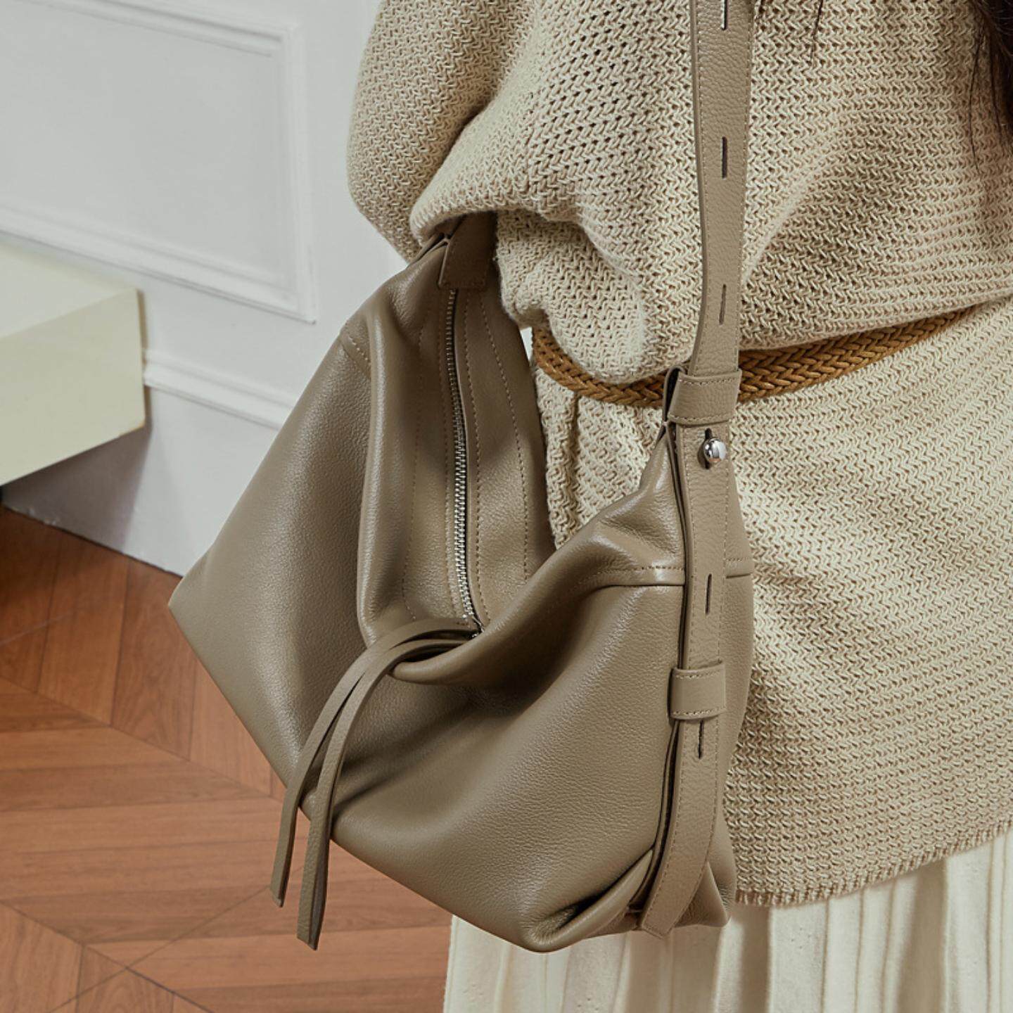 普洛克正品 头层牛皮女包大容量托特包斜挎包真皮高级感hobo包包