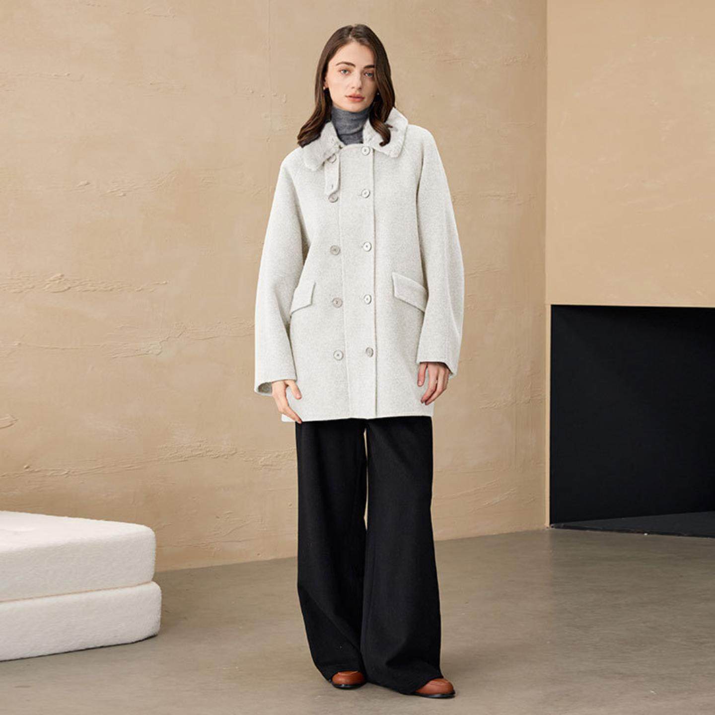 普洛克正品 小个子荷叶翻领大衣休闲中长款冬外套羊驼毛呢女毛领