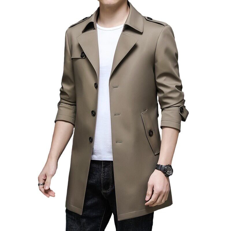 普洛克正品 春秋中长风衣男士翻领单排扣外套商务夹克派克服