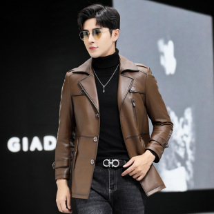 复古机车皮夹克外套潮 真皮衣头层牛皮短翻领修身 普洛克正品 男装