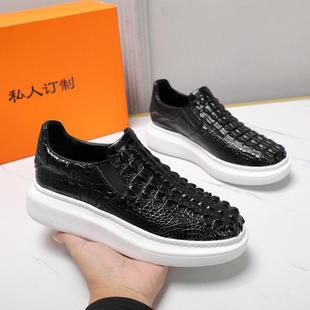 普洛克正品 新款潮流单鞋高跟圆头高端鳄鱼腹皮真皮休闲女鞋粗跟