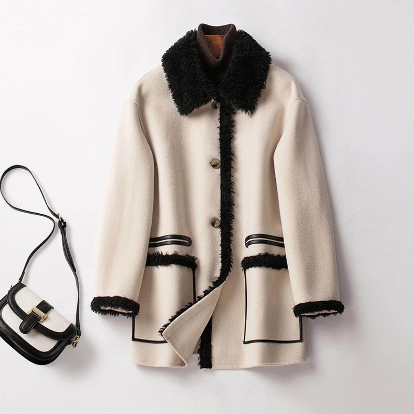 普洛克正品 秋冬短款双面山羊绒大衣女中长款休闲简约羊毛呢外套