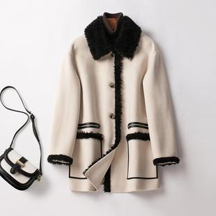 普洛克正品 秋冬短款双面山羊绒大衣女中长款休闲简约羊毛呢外套